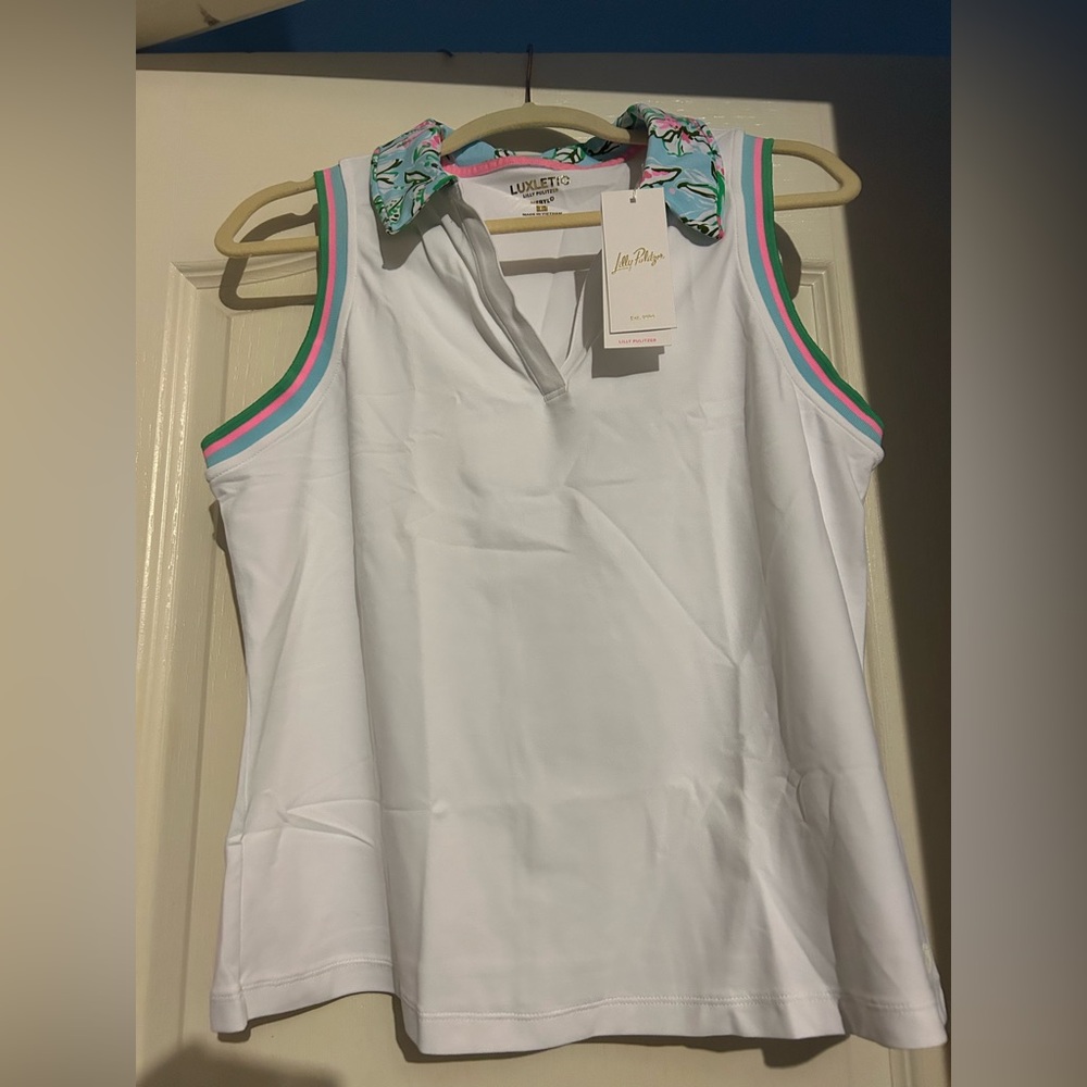 New Lilly Pulitzer Luxletic Luxletic Alister Polo Sun of a Bun Golf Top Large xl